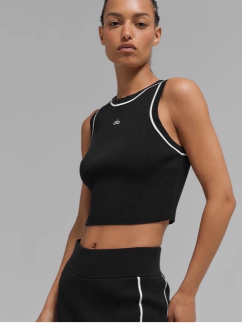 ALO Yoga Black Ribbed Cropped Tank with White Contrast Trim